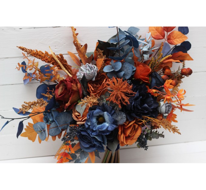 Wedding Bouquets in Navy Blue & Rust | Cascading Faux Bridal & Bridesmaid Bouquets