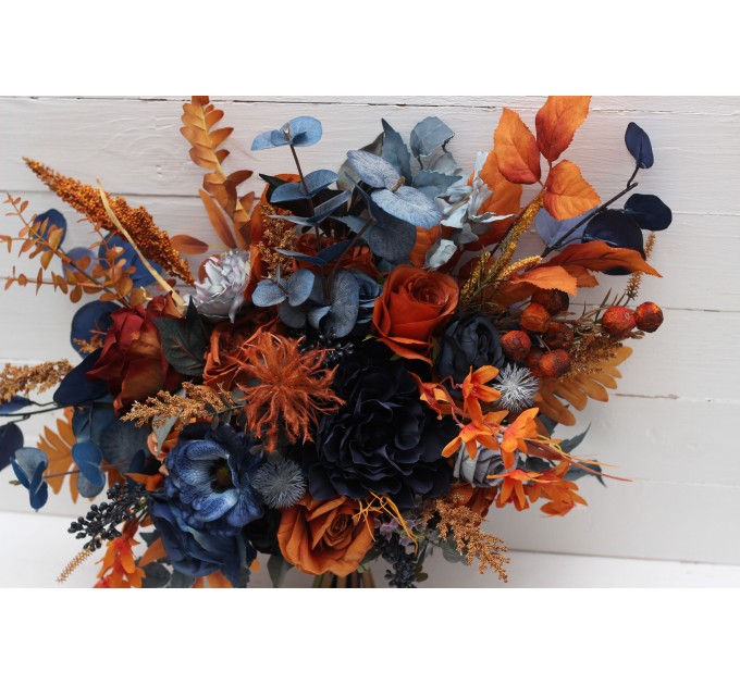 Wedding Bouquets in Navy Blue & Rust | Cascading Faux Bridal & Bridesmaid Bouquets