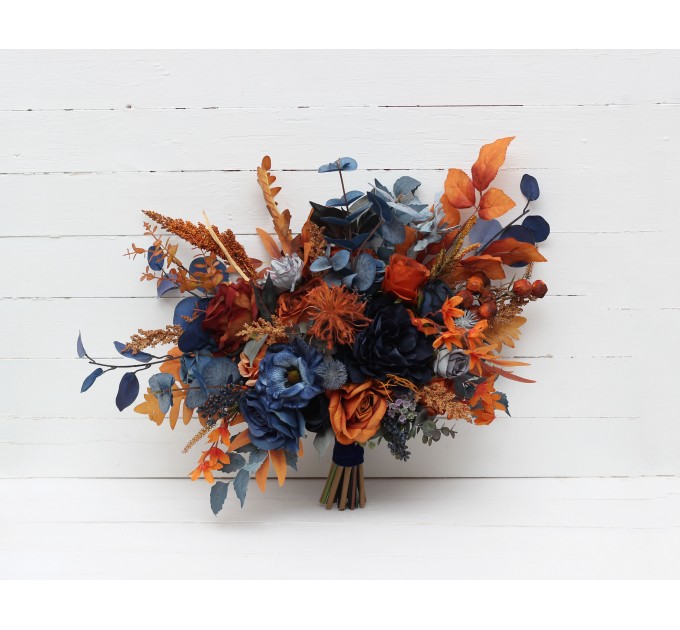 Wedding Bouquets in Navy Blue & Rust | Cascading Faux Bridal & Bridesmaid Bouquets