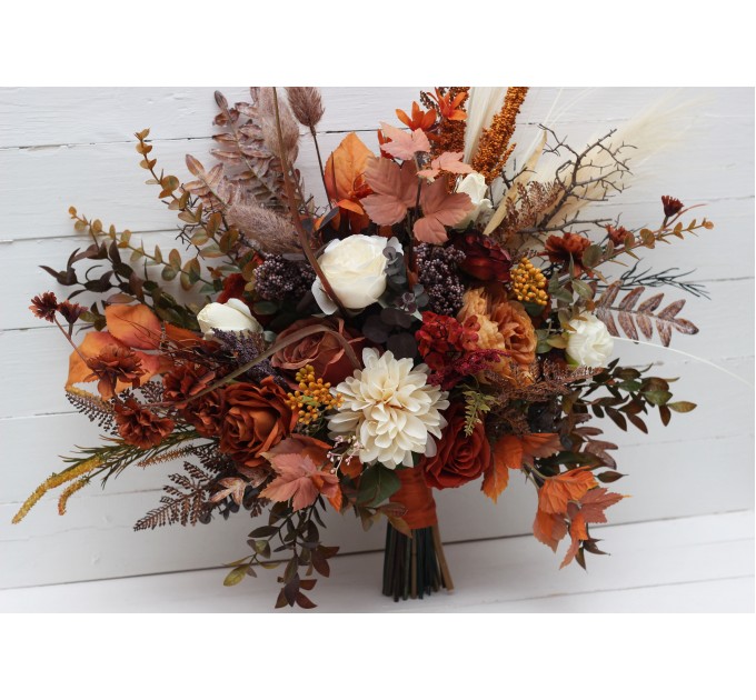 Wedding Bouquets in Ivory & Rust | Cascading Faux Bridal & Bridesmaid Bouquets