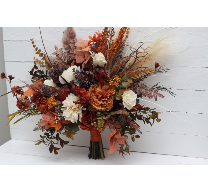 Wedding Bouquets in Ivory & Rust | Cascading Faux Bridal & Bridesmaid Bouquets