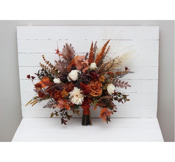 Wedding Bouquets in Ivory & Rust | Cascading Faux Bridal & Bridesmaid Bouquets