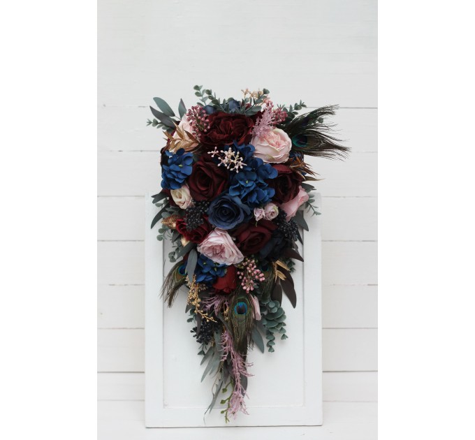 Wedding Bouquets in Burgundy, Navy Blue, Gold & Pink | Cascading Faux Bridal & Bridesmaid Bouquets with Peacock Feathers