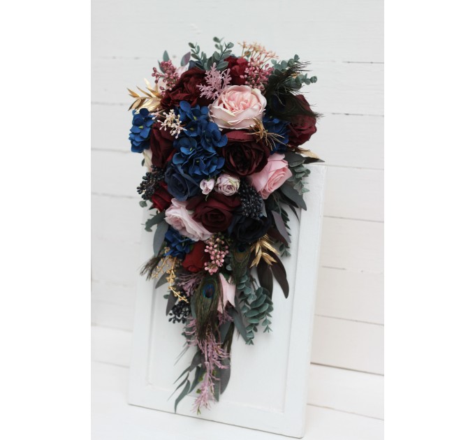 Wedding Bouquets in Burgundy, Navy Blue, Gold & Pink | Cascading Faux Bridal & Bridesmaid Bouquets with Peacock Feathers