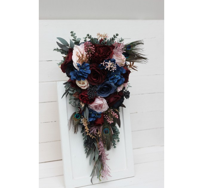 Wedding Bouquets in Burgundy, Navy Blue, Gold & Pink | Cascading Faux Bridal & Bridesmaid Bouquets with Peacock Feathers