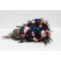 Wedding Bouquets in Burgundy, Navy Blue, Gold & Pink | Cascading Faux Bridal & Bridesmaid Bouquets with Peacock Feathers