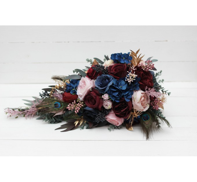Wedding Bouquets in Burgundy, Navy Blue, Gold & Pink | Cascading Faux Bridal & Bridesmaid Bouquets with Peacock Feathers