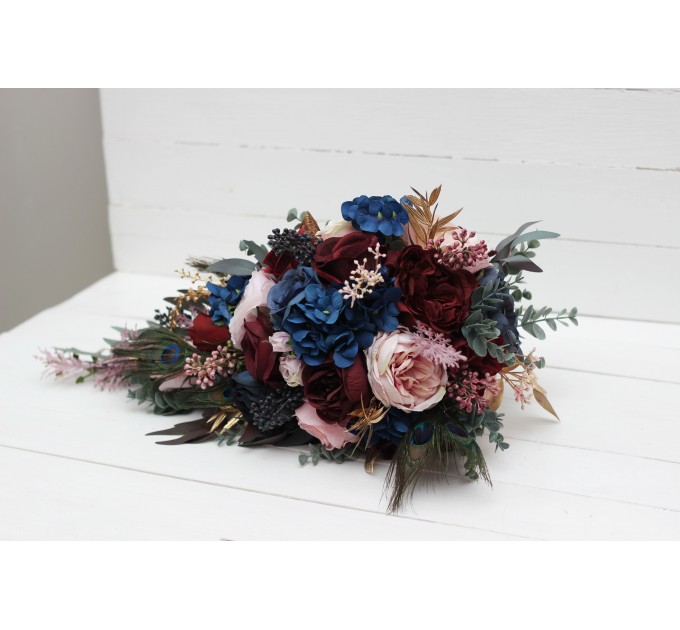 Wedding Bouquets in Burgundy, Navy Blue, Gold & Pink | Cascading Faux Bridal & Bridesmaid Bouquets with Peacock Feathers
