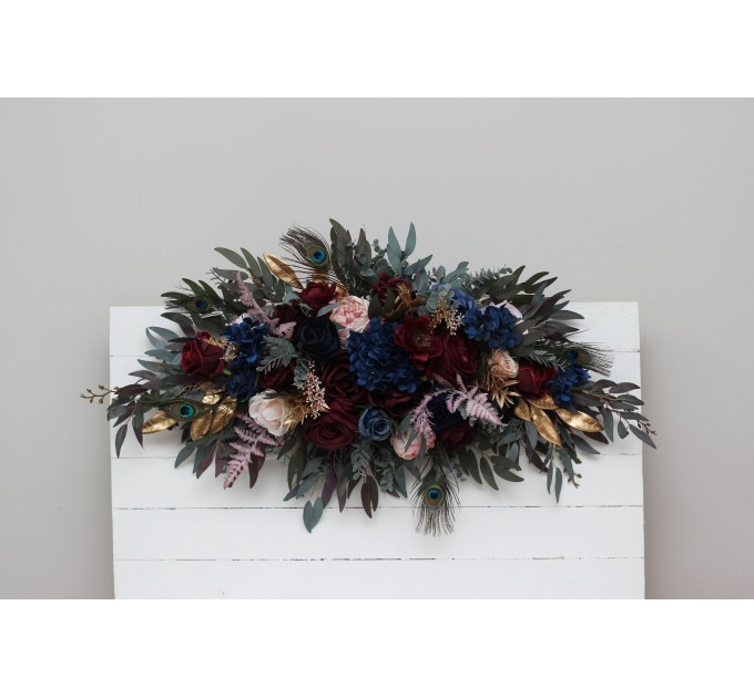 Flower Arch Arrangement in Burgundy, Navy Blue, Gold & Pink | Faux Floral Archway for Wedding