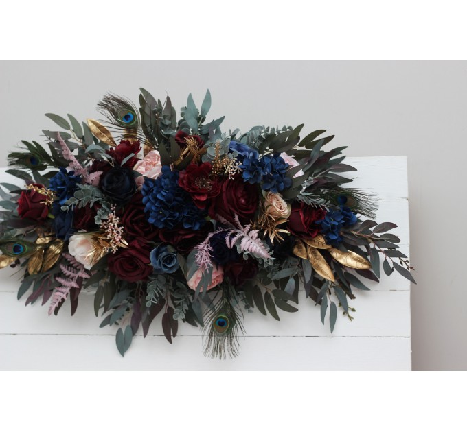 Flower Arch Arrangement in Burgundy, Navy Blue, Gold & Pink | Faux Floral Archway for Wedding