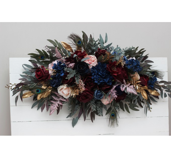 Flower Arch Arrangement in Burgundy, Navy Blue, Gold & Pink | Faux Floral Archway for Wedding