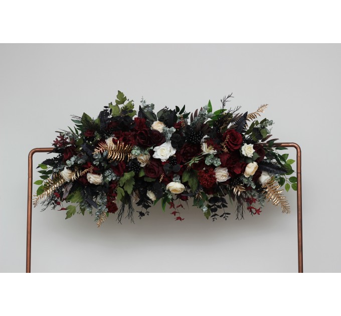  Flower arch arrangement in burgundy black gold ivory colors.  Arbor flowers. Floral archway. Faux flowers for wedding arch. 0032