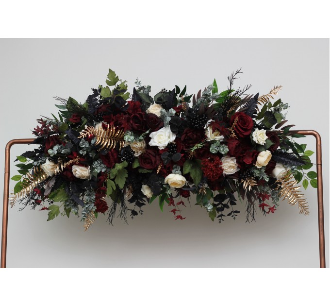 Flower Arch Arrangement in Burgundy, Black, Gold & Ivory | Faux Floral Archway for Wedding