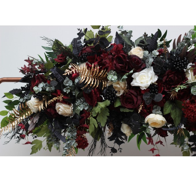 Flower Arch Arrangement in Burgundy, Black, Gold & Ivory | Faux Floral Archway for Wedding