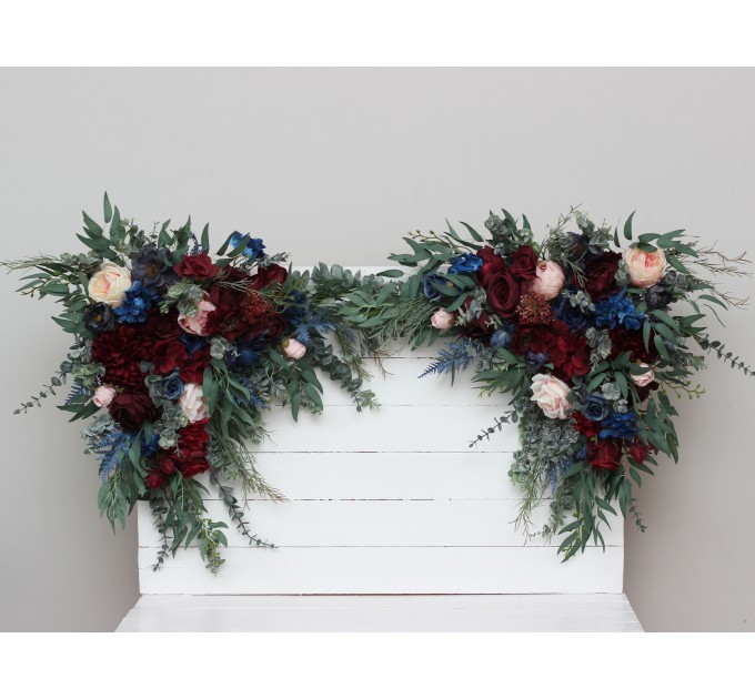 Set of 2 Flower Arch Arrangements in Burgundy, Navy Blue & Blush Pink | Faux Floral Archway for Wedding