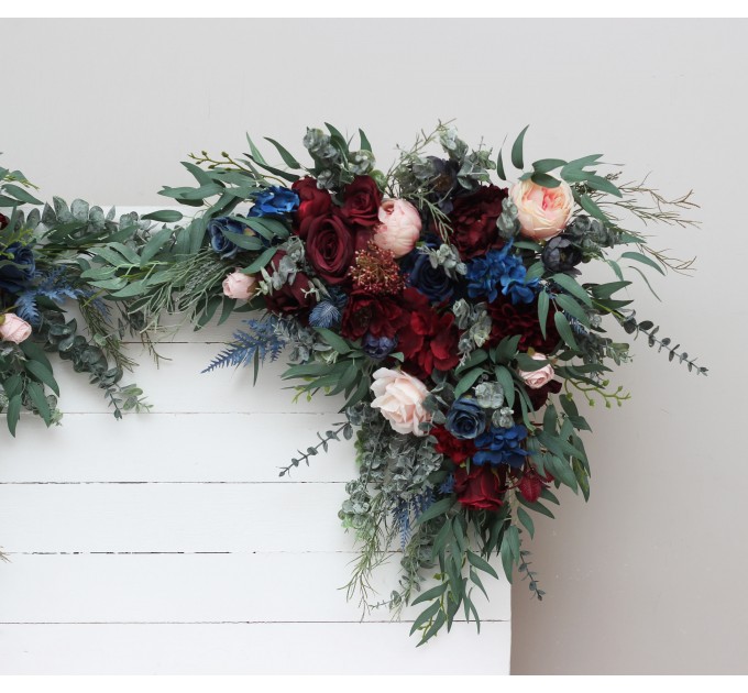 Set of 2 Flower Arch Arrangements in Burgundy, Navy Blue & Blush Pink | Faux Floral Archway for Wedding