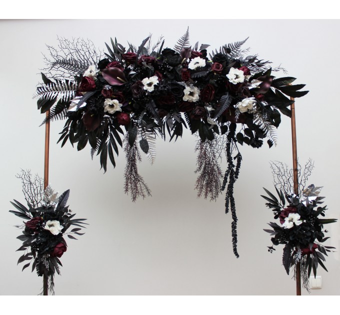 Flower Arch Arrangement in Deep Purple, Black, Silver & White | Faux Floral Archway for Wedding