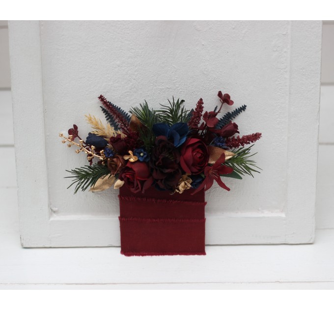 Pocket Boutonniere in Burgundy, Navy Blue & Gold | Square Flower Accessories