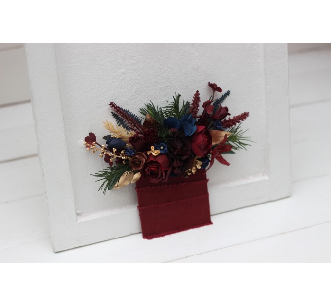 Pocket Boutonniere in Burgundy, Navy Blue & Gold | Square Flower Accessories