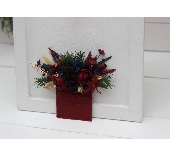 Pocket Boutonniere in Burgundy, Navy Blue & Gold | Square Flower Accessories