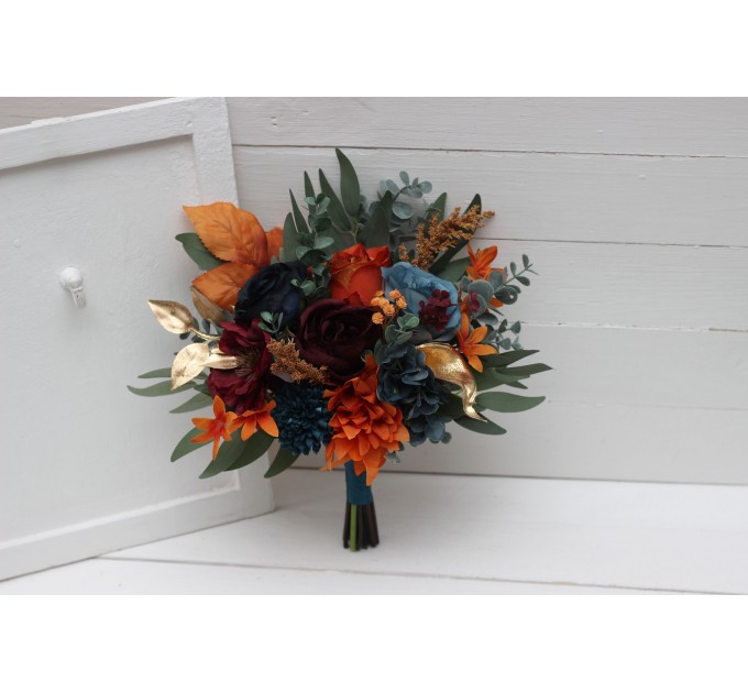 Dark teal rust gold bouquet. Navy blue orange flowers. Bridal bouquet.  Faux bouquet. Bridesmaid bouquet. 5208