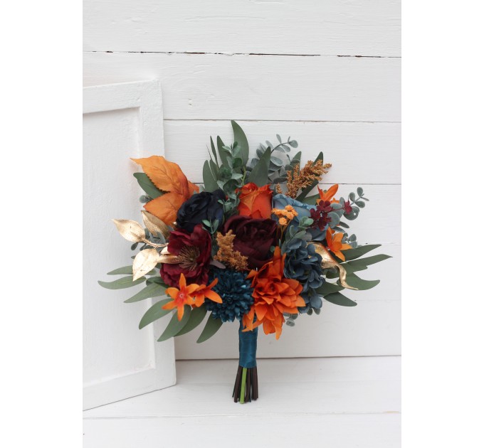 Dark teal rust gold bouquet. Navy blue orange flowers. Bridal bouquet.  Faux bouquet. Bridesmaid bouquet. 5208