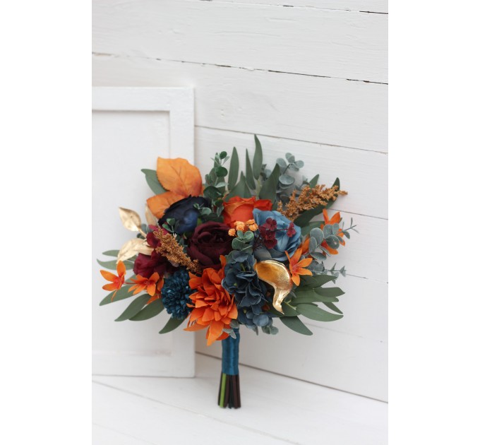 Dark teal rust gold bouquet. Navy blue orange flowers. Bridal bouquet.  Faux bouquet. Bridesmaid bouquet. 5208