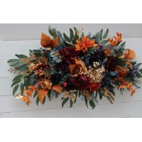  Flower arch arrangement in teal rust gold plum mustard colors.  Arbor flowers. Floral archway. Faux flowers for wedding arch. Jewel tone wedding. 5222