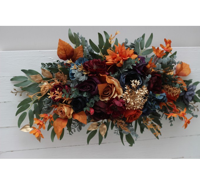 Flower Arch Arrangement in Teal, Rust, Gold, Plum & Mustard | Faux Floral Archway for Jewel-Tone Wedding