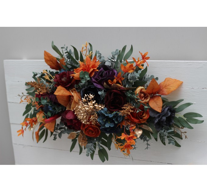 Flower Arch Arrangement in Teal, Rust, Gold, Plum & Mustard | Faux Floral Archway for Jewel-Tone Wedding
