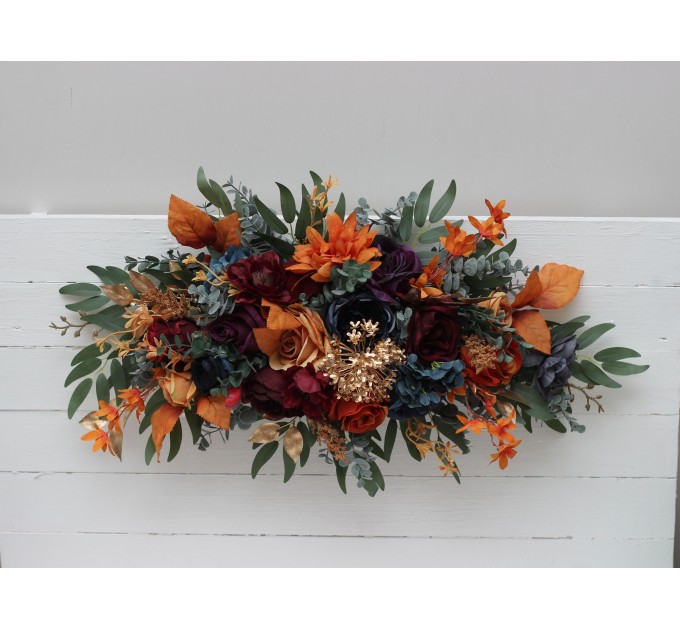 Flower Arch Arrangement in Teal, Rust, Gold, Plum & Mustard | Faux Floral Archway for Jewel-Tone Wedding