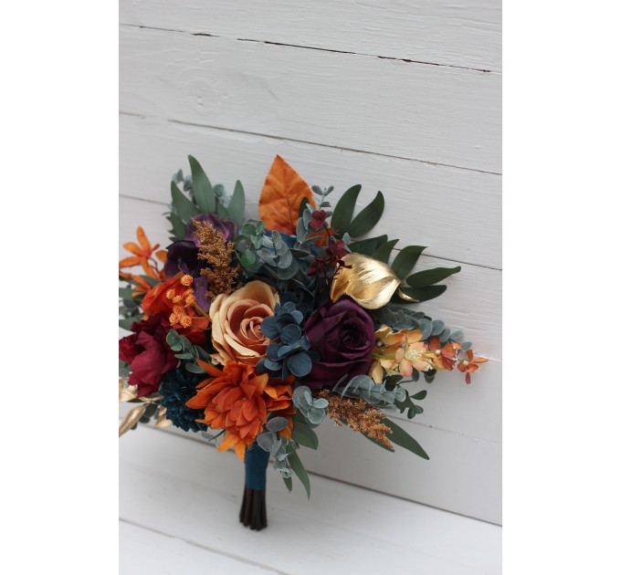 Wedding Bouquets in Teal, Rust, Gold, Plum & Mustard | Cascading Faux Bridal & Bridesmaid Bouquets