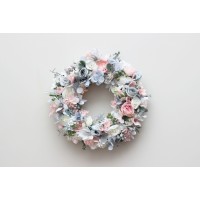 Flower wreath. Wall decor. Wedding decor. All season wreath. Home decor. Lantern flowers. Blush pink  and dusty blue wreath. 5131-2
