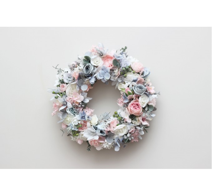 Flower wreath. Wall decor. Wedding decor. All season wreath. Home decor. Lantern flowers. Blush pink  and dusty blue wreath. 5131-2