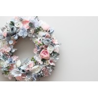 Flower wreath. Wall decor. Wedding decor. All season wreath. Home decor. Lantern flowers. Blush pink  and dusty blue wreath. 5131-2
