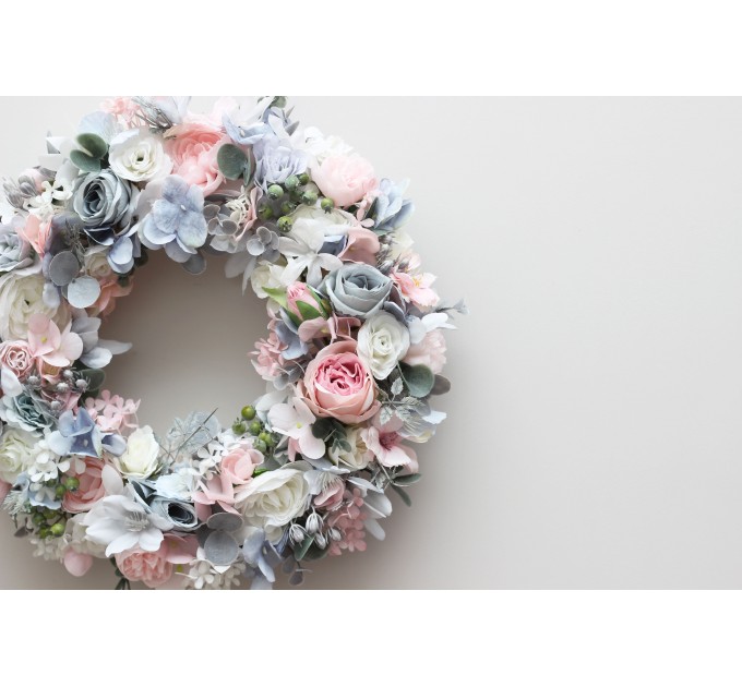 Flower wreath. Wall decor. Wedding decor. All season wreath. Home decor. Lantern flowers. Blush pink  and dusty blue wreath. 5131-2