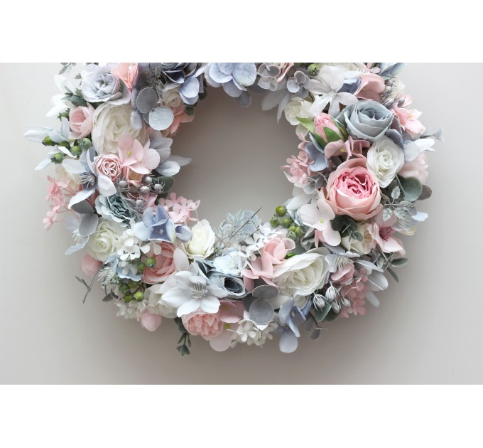 Flower wreath. Wall decor. Wedding decor. All season wreath. Home decor. Lantern flowers. Blush pink  and dusty blue wreath. 5131-2