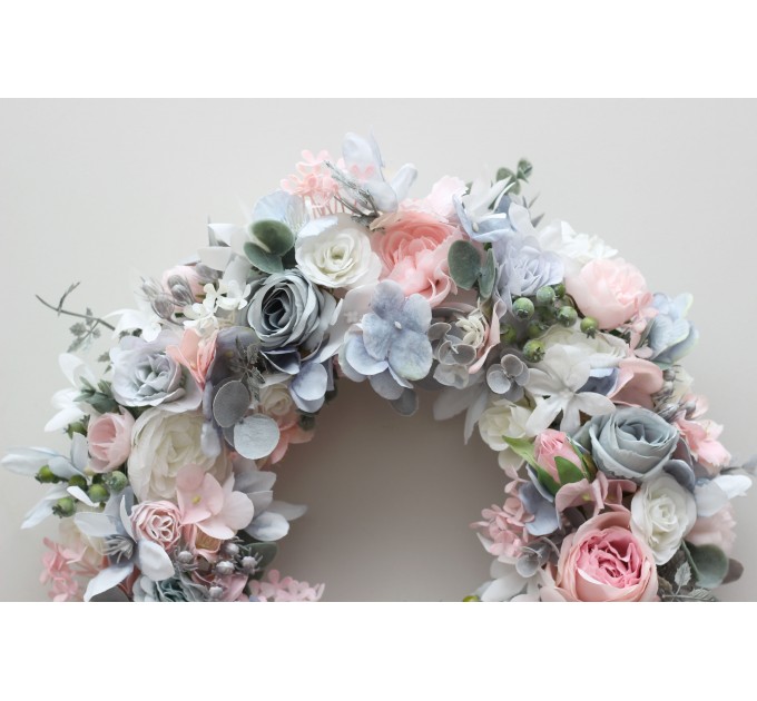 Flower wreath. Wall decor. Wedding decor. All season wreath. Home decor. Lantern flowers. Blush pink  and dusty blue wreath. 5131-2