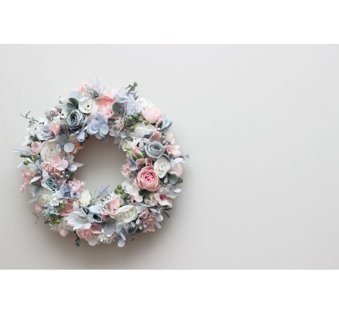 Flower wreath. Wall decor. Wedding decor. All season wreath. Home decor. Lantern flowers. Blush pink  and dusty blue wreath. 5131-2