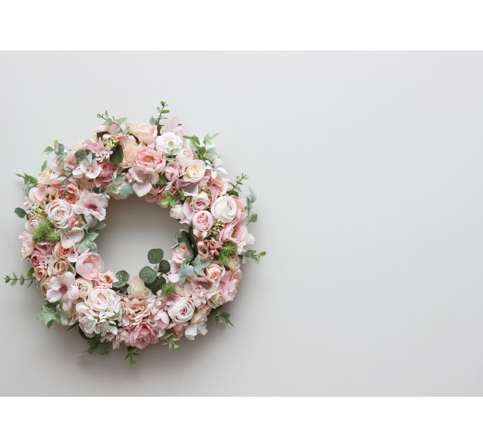 Flower wreath. Wall decor. Wedding decor. All season wreath. Home decor. Lantern flowers. Blush pink wreath.05131-1