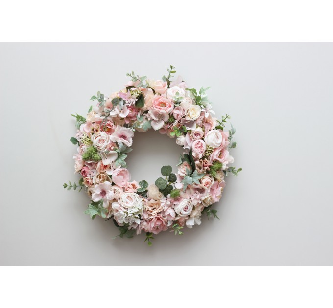 Flower wreath. Wall decor. Wedding decor. All season wreath. Home decor. Lantern flowers. Blush pink wreath.05131-1