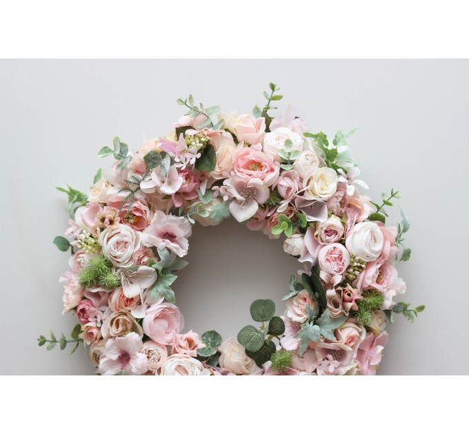 Flower wreath. Wall decor. Wedding decor. All season wreath. Home decor. Lantern flowers. Blush pink wreath.05131-1