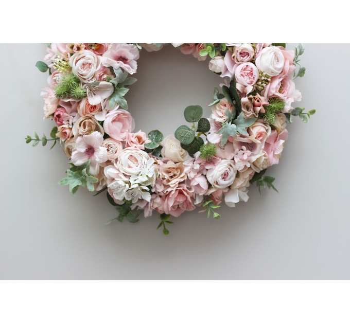 Flower wreath. Wall decor. Wedding decor. All season wreath. Home decor. Lantern flowers. Blush pink wreath.05131-1