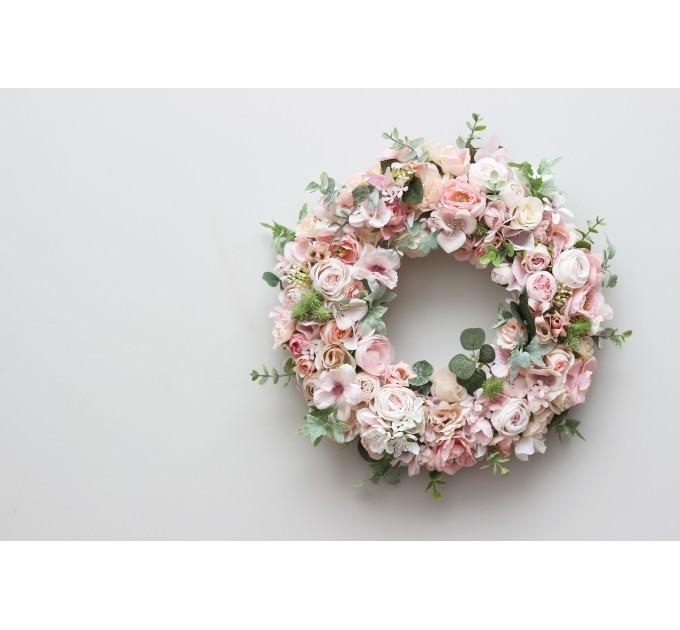 Flower wreath. Wall decor. Wedding decor. All season wreath. Home decor. Lantern flowers. Blush pink wreath.05131-1