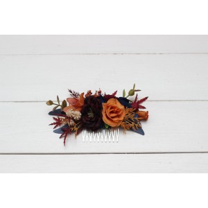 Flower comb in rust orange burgundy navy blue color scheme. Wedding accessories for hair. Bridal flower comb. Bridesmaid floral comb. 0043