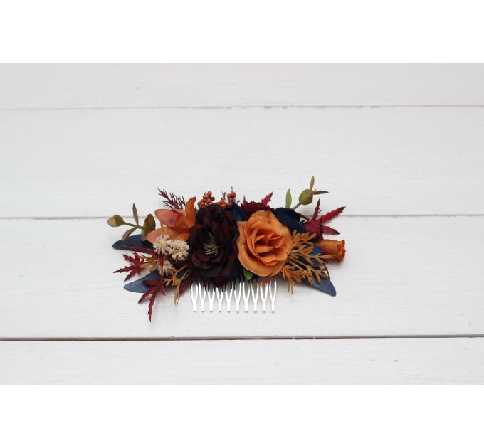 Flower comb in rust orange burgundy navy blue color scheme. Wedding accessories for hair. Bridal flower comb. Bridesmaid floral comb. 0043