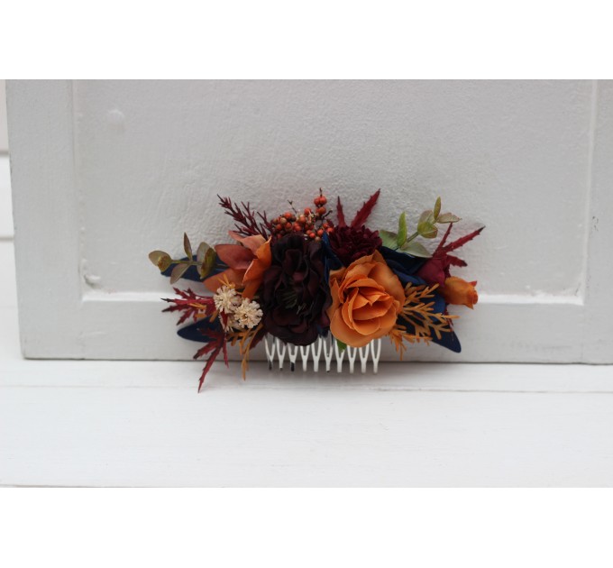 Flower comb in rust orange burgundy navy blue color scheme. Wedding accessories for hair. Bridal flower comb. Bridesmaid floral comb. 0043