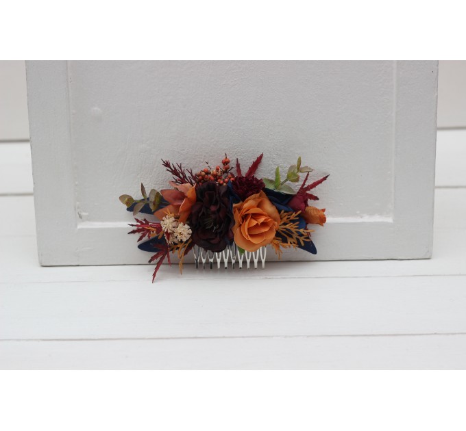 Flower comb in rust orange burgundy navy blue color scheme. Wedding accessories for hair. Bridal flower comb. Bridesmaid floral comb. 0043