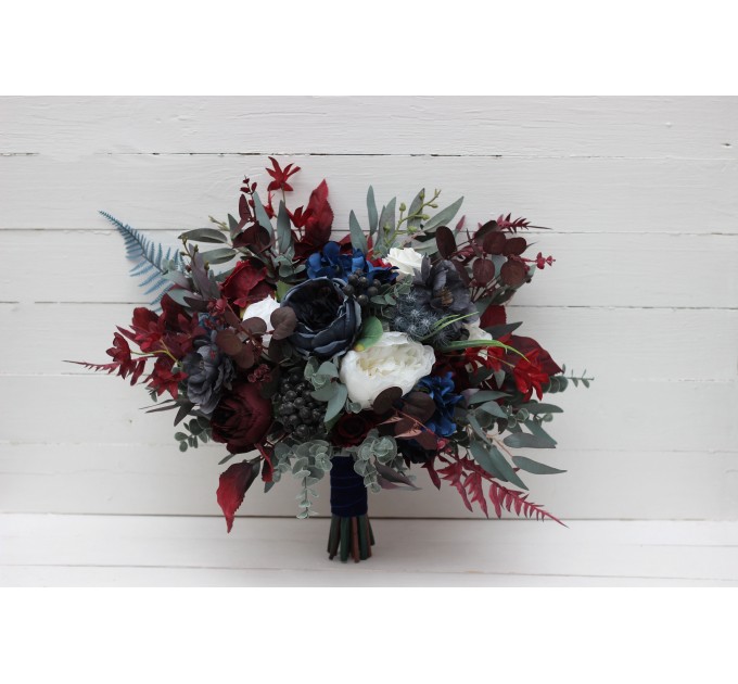 Wedding Bouquets in Navy Blue, White & Burgundy | Cascading Faux Bridal & Bridesmaid Bouquets