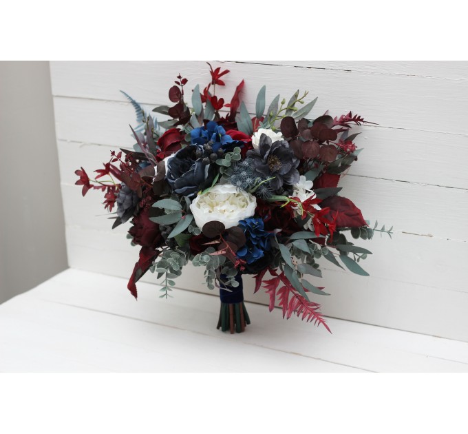Wedding Bouquets in Navy Blue, White & Burgundy | Cascading Faux Bridal & Bridesmaid Bouquets